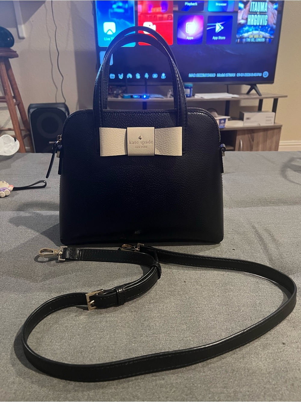 kate spade Black Leather Satchel with Cream Bow Accent